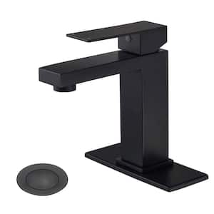 Single Handle Single Hole Deck Mount Bathroom Faucet with Deckplate Included and Drain Kit Included in Matte Black