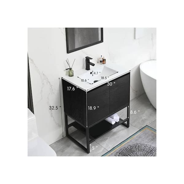 30 in. W x 18 in. D x 33 in. H Single Sink Freestanding Black Bath Vanity with White Resin Top and Drain Faucet Set