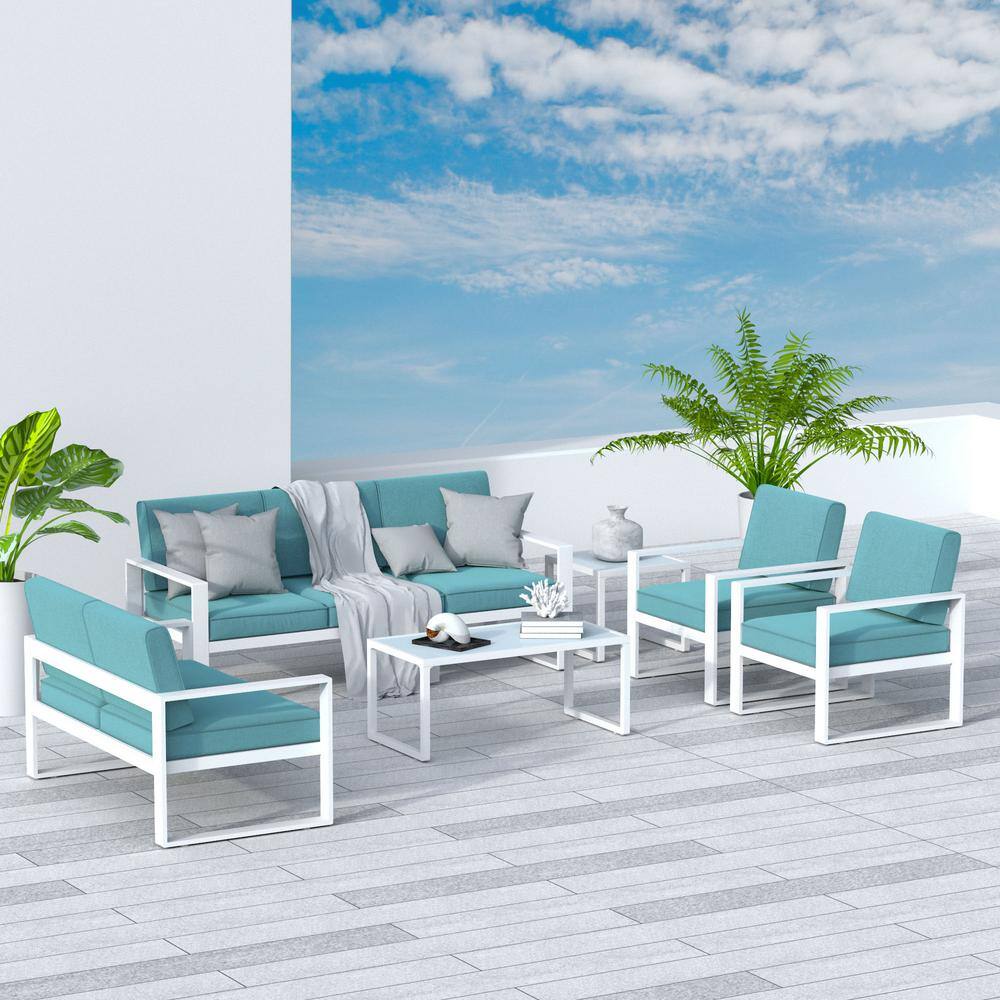 SUNVIVI 6Piece Aluminum Patio Conversation Set with Turquoise Cushions