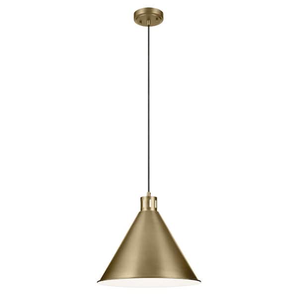 KICHLER Zailey 16 in. 1-Light Natural Brass Vintage Industrial Shaded Kitchen Cone Hanging Pendant Light with Metal Shade
