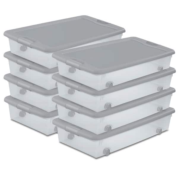 56 qt. Wheeled Under Bed Storage Container, Plastic Bin, Silver (8-Pack)