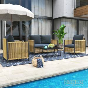 Modern 4-Piece Brown PE Wicker Patio Conversation Set with Gray Cushions