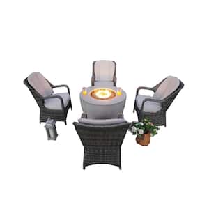 Greenland 5-Piece Wicker Patio Outdoor Dining Set Round Firepit Set with Gray Cushions