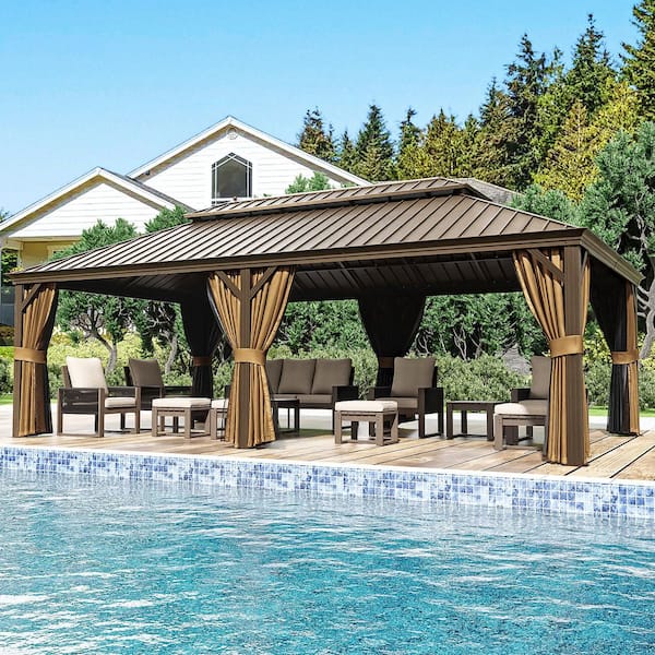 24 ft. x 14 ft. Aluminum Double Hardtop Gazebo with Tan Curtains, Mosquito Netting and Ceiling Hook