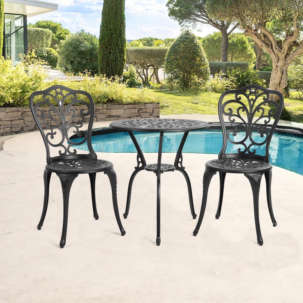 Black 3-Piece Rust-Resistant Cast Aluminum Outdoor Bistro Set, Patio Dining