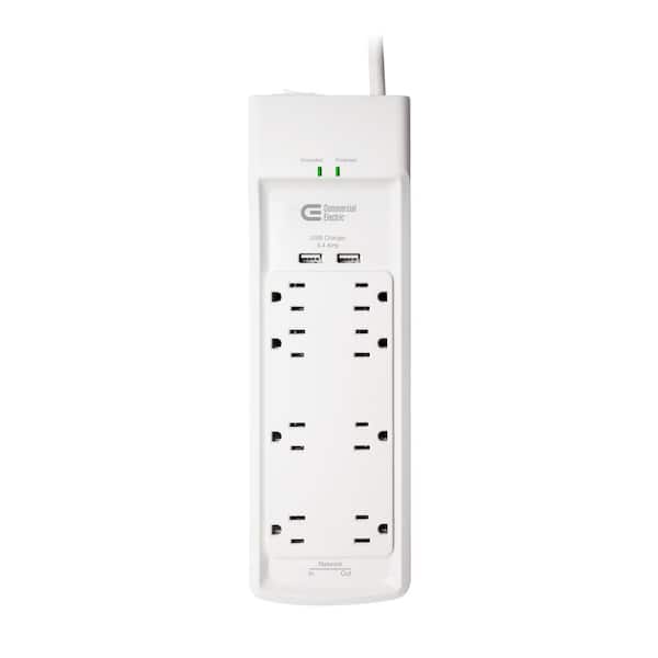 Commercial Electric 6 ft. 8-Outlet Surge Protector with USB RJ45, White