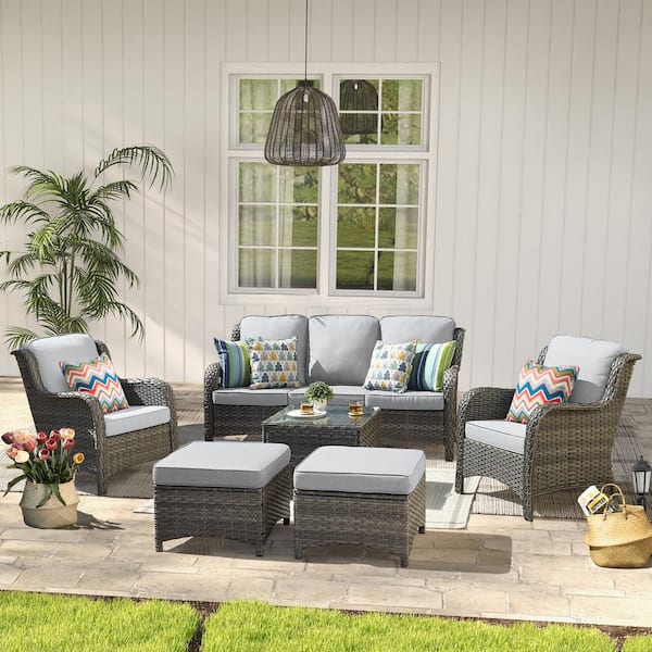 OVIOS Joyoung Gray 6-Piece Wicker Outdoor Patio Sectional Conversation Seating Set with Gray Cushions and Coffee Table