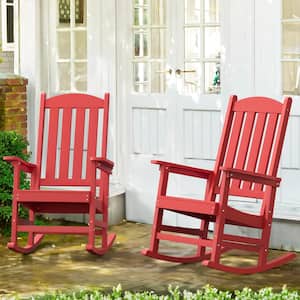 Bright red Plastic Adirondack Outdoor Rocking Chair with High Back, Porch Rocker for Backyard (2-Pack)