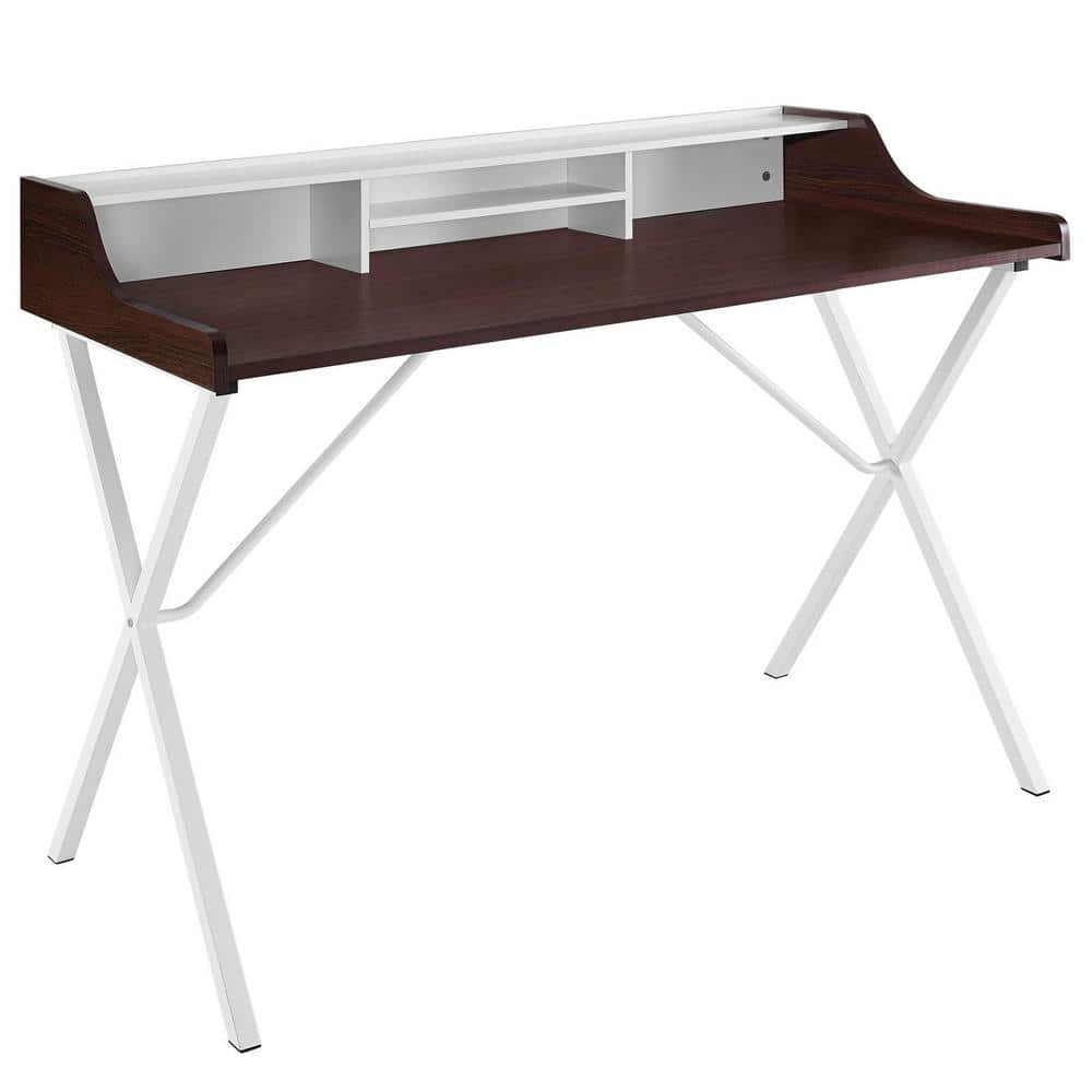 Mid-Century Modern Oak Computer Desk with Hutch and Drawer in Cherry