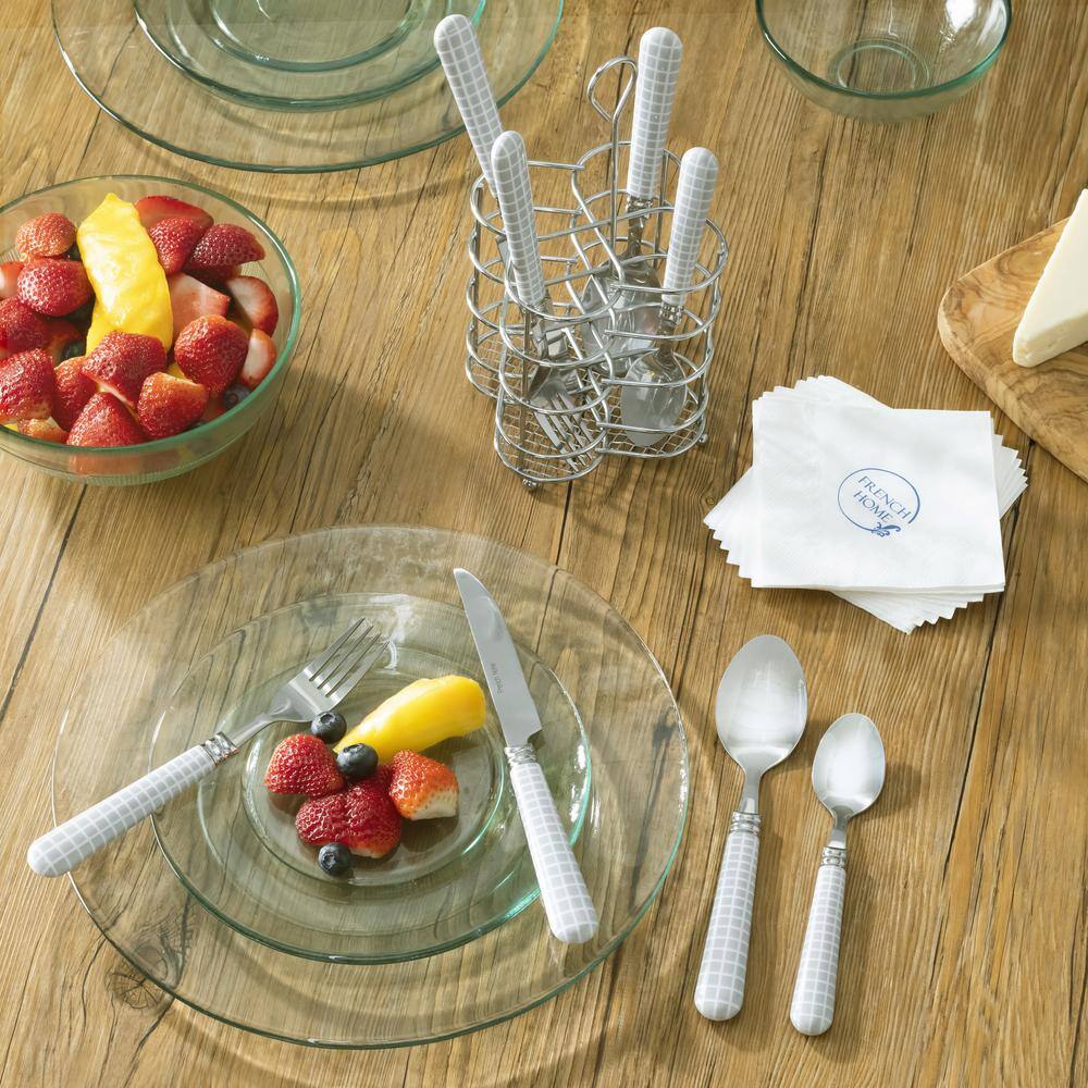 Geometric Grid Stainless Steel Flatware Set in Cool-Toned Gray and White