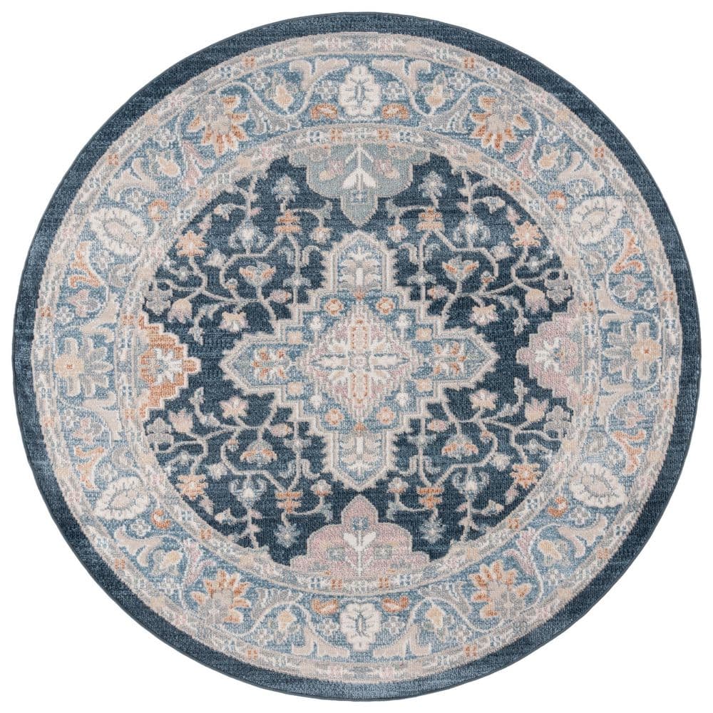 Blair 7 ft. x 7 ft. Navy/Blue Machine Washable Floral Medallion Round Area Rug