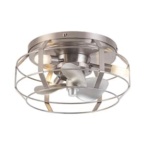 12.2 in. Modern Flush Mount Caged Satin Nickel Ceiling Fan with Lights, Low Profile Ceiling Fan with Remote