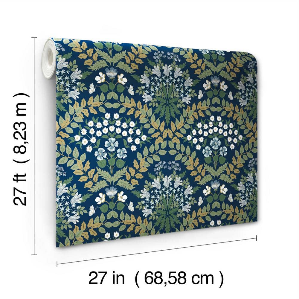 Scandinavian Navy Blue Floral & Butterfly 27' Wallpaper Roll