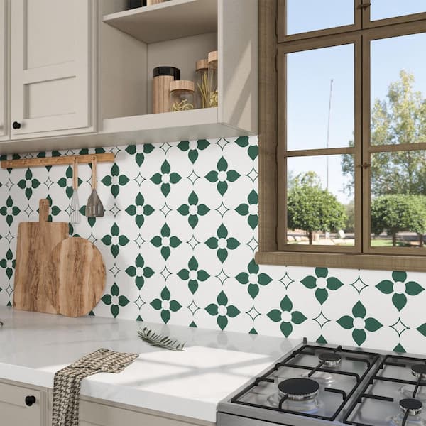 7.87" x 7.87" x 0.03" Vinyl Peel and Stick Backsplash Tile for Kitchen, Shelf-Adhesive Wall Stickers, Green (10-Pack)