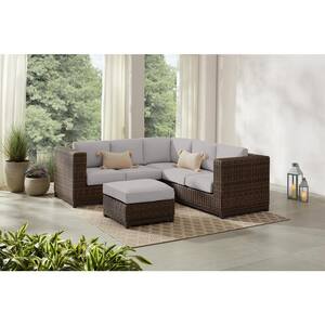 Fernlake 4-Piece Taupe Wicker Outdoor Patio Sectional Sofa with CushionGuard Stone Gray Cushions