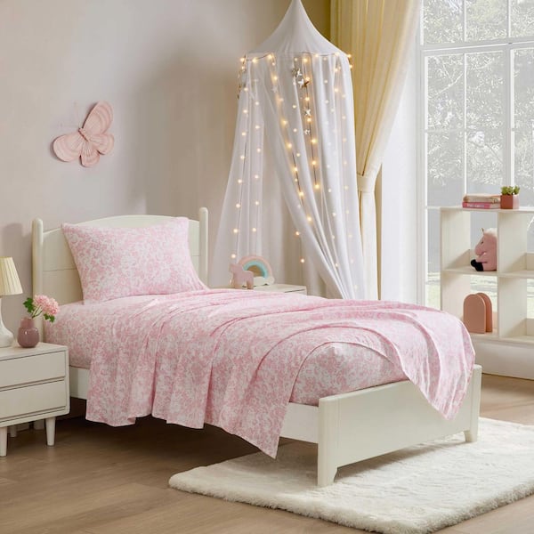 Laura Ashley Toile Unicorn 4-Piece Pink Microfiber Queen Sheet Set