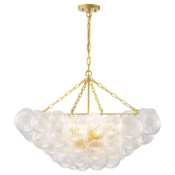 10-Light Gold Cluster Chandelier with Ribbed Globe Glass