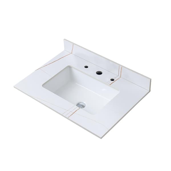 Unbranded 31 in. W x 22 in. D Engineered Stone Composite White Rectangular Single Sink Bathroom Vanity Top in White Gold