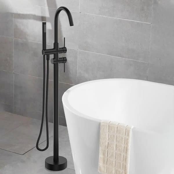 2-Handle Floor Mounted Residential Freestanding Tub Faucet with Hand Shower in Matte Black