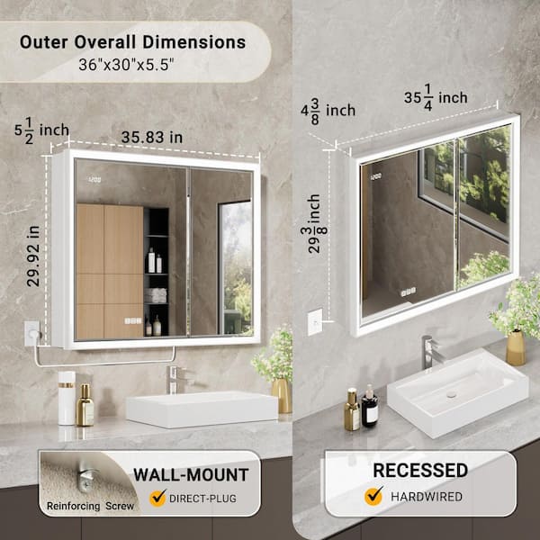 Anglora 36 in. W x 30 in. H LED Beveled Edge Rectangular Aluminum Recessed/Surface Wall Medicine Cabinet with Mirror