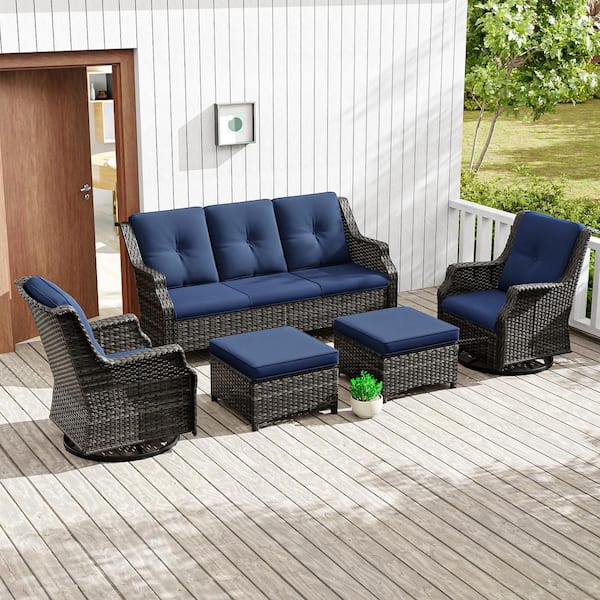 JOYSIDE 5-Piece Wicker Outdoor Patio Conversation Set Sectional Sofa with Swivel Rocking Chairs, Ottomans and Blue Cushions