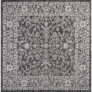 Palazzo Black/Gray 5 ft. Vine and Border Textured Weave Square Indoor/Outdoor Area Rug