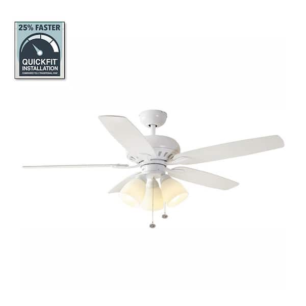 Hampton Bay Rockport 52 in. Indoor LED Matte White Ceiling Fan with Light Kit, Downrod, Reversible Blades and Reversible Motor