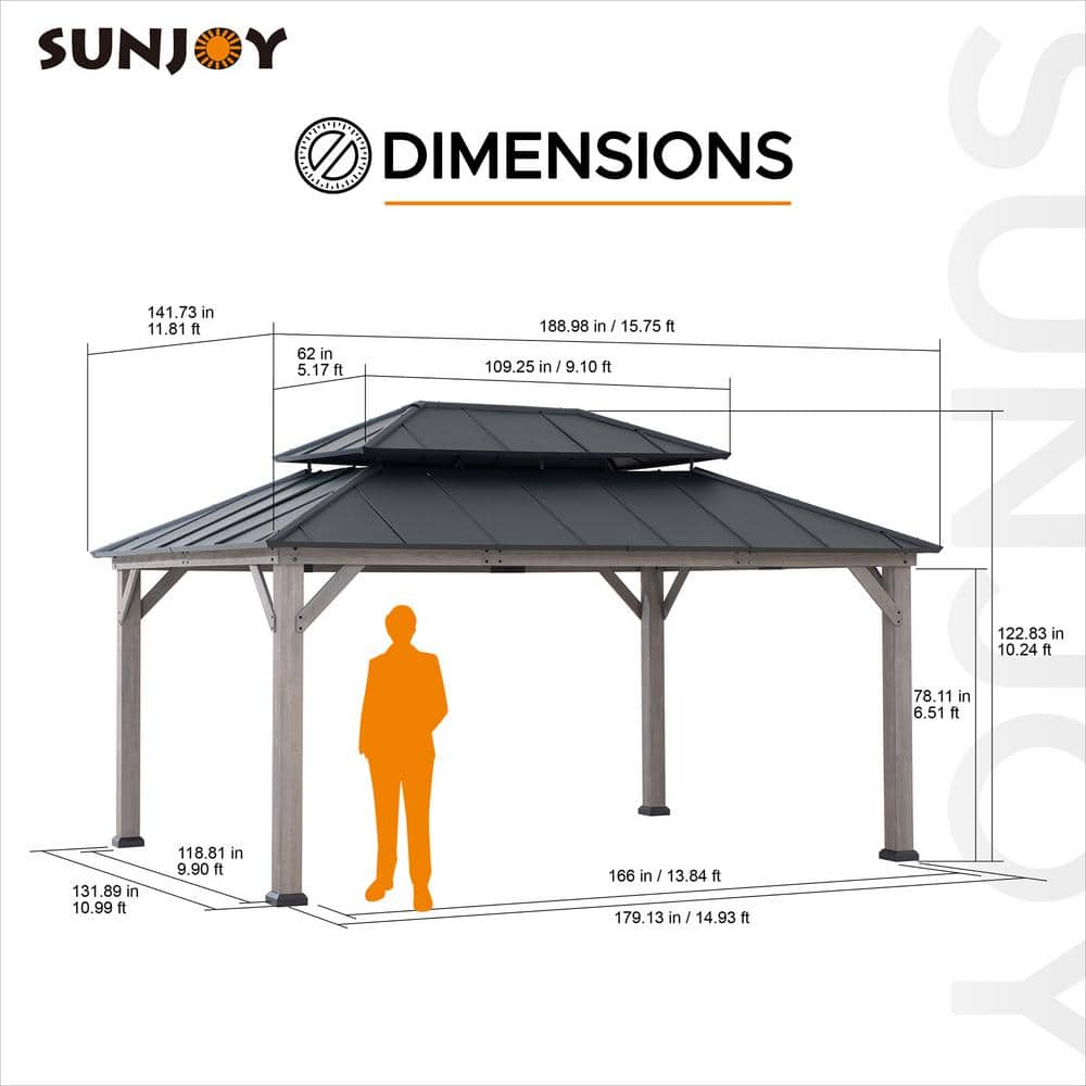 Sunjoy 12x16 ft Cedar Wood Gazebo with Black Steel Roof