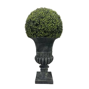Large 32 in. Plastic Artificial Faux Ball Topiary in Gray Pedestal Pot