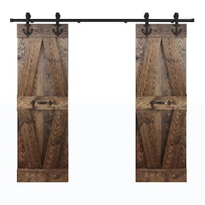 60 in. x 84 in. X-Series Embossing Dark Walnut DIY Knotty Wood Double Sliding Door With Hardware Kit
