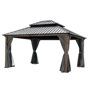 13 ft. x 15 ft. Double Roof Hardtop Coffee-colored Wood Gazebo with Netting and Gray Curtains