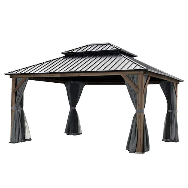 EGEIROSLIFE 13 ft. x 15 ft. Double Roof Hardtop Coffee-colored Wood Gazebo with Netting and Gray Curtains
