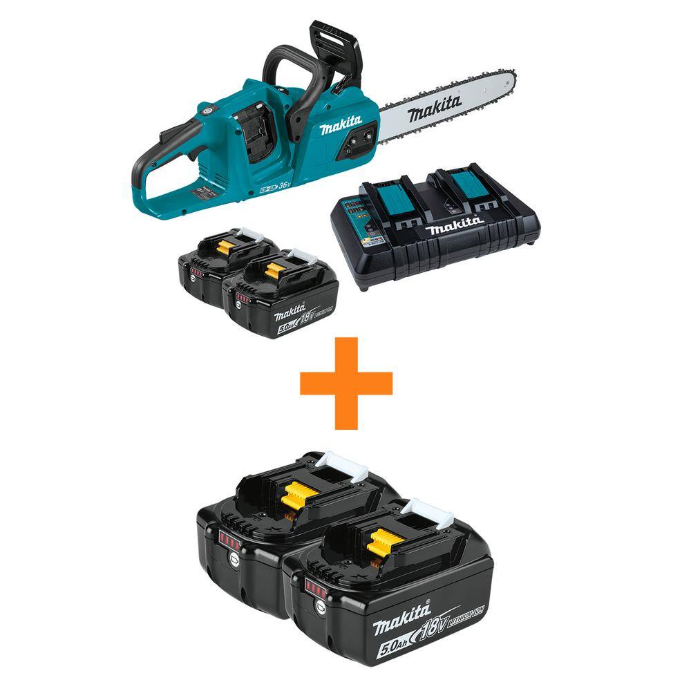 Makita LXT 14 in. 18V X2 (36V) Brushless Electric Battery Chainsaw Kit  (5.0Ah) with bonus 18V LXT 5.0 Ah (2-Pack) XCU07PT-BL18502 - The Home Depot