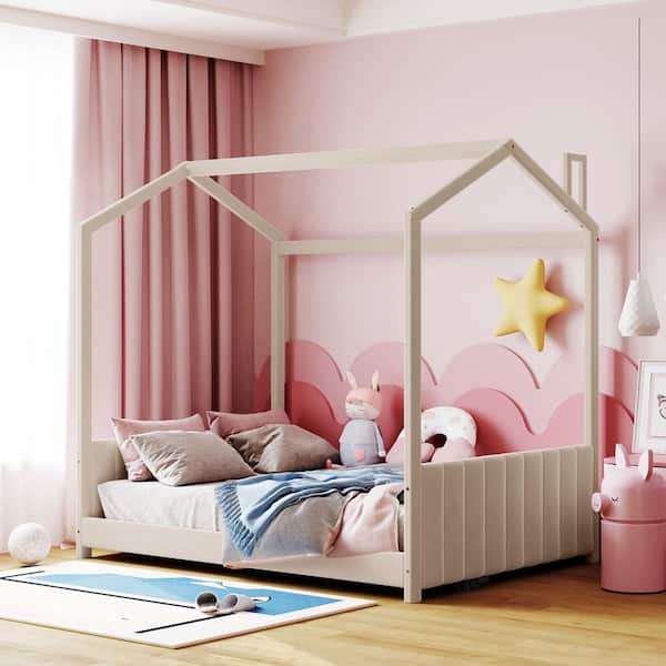 Harper & Bright Designs Beige Full Size Velvet Wood House Bed with Headboard and Footboard