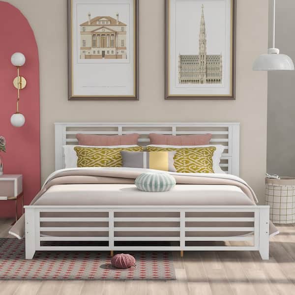 Qualler White King Size Platform Bed with Horizontal Strip Hollow Shape