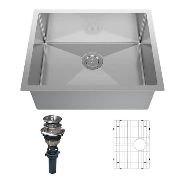 Hpeytaire 23 in. Drop-In/Undermount Single Bowl 18-Gauge Brushed Stainless Steel Kitchen Sink with Accessories