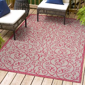 Madrid Vintage Filigree Textured Weave Light Gray/Fuchsia 3 ft. x 5 ft. Indoor/Outdoor Area Rug