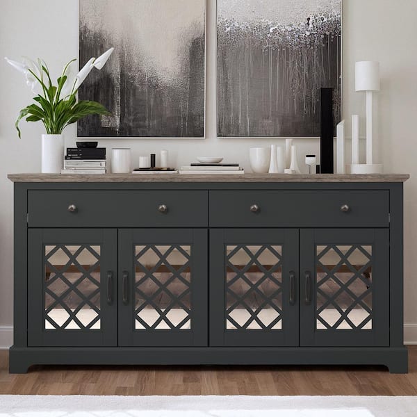 GALANO Millicent Black with Knotty Grey Wood 58.7 in. Wide Sideboard TV with Drawer with Adjustable Shelves