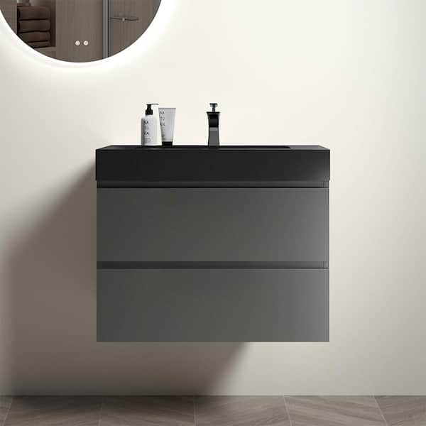 MYCASS 30 in. W x 18.1 in. D x 25.2 in. H Floating Bath Vanity in Space Grey with 1 Matt Black Sink Solid Surface Top