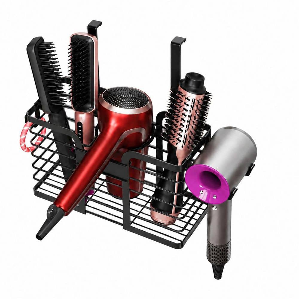 15 in. Cabinet Door Mounted Hair Tool Organizer in Matte Black Stainless Steel for Bathroom Storage