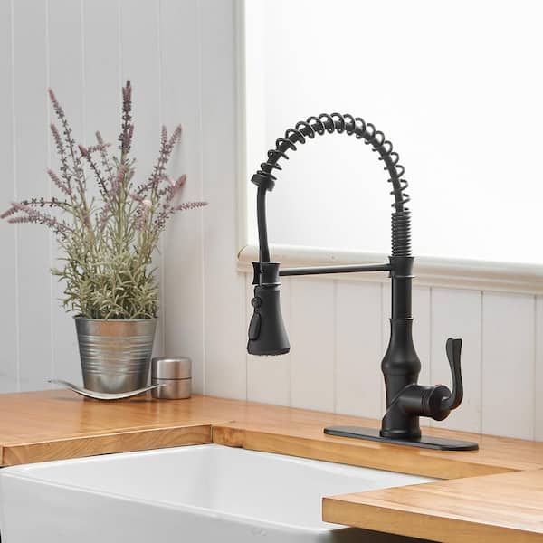 Single-Handle Pull-Down Sprayer 3 Spray High Arc Kitchen Faucet With Deck Plate in Matte Black