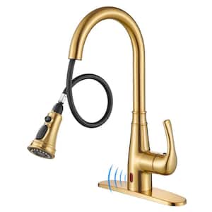 Touchless Single Handle Gooseneck Pull Down Sprayer Kitchen Faucet with Deckplate Included and Handles in Gold