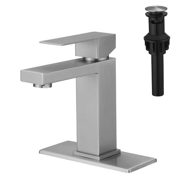 Staykiwi Single Handle Single Hole Bathroom Faucet with Deckplate Included With Pop Up Drain in Brushed Nickel