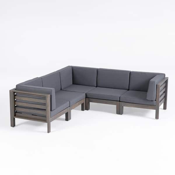 Noble House Jonah Gray 5-Piece Wood Outdoor Patio Sectional with Dark Gray Cushions