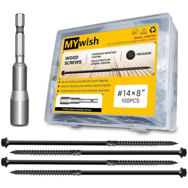 100-Pcs #14 x 8 in Black Hex Flat Head Wood Deck Screws