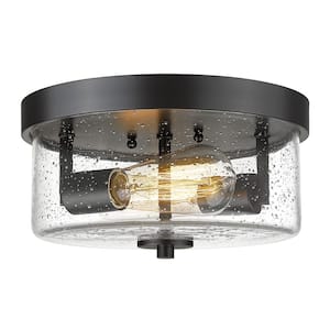 11 in. 2-Light Black Flush Mount Ceiling Light Fixture with Seeded Glass Shades for Hallway
