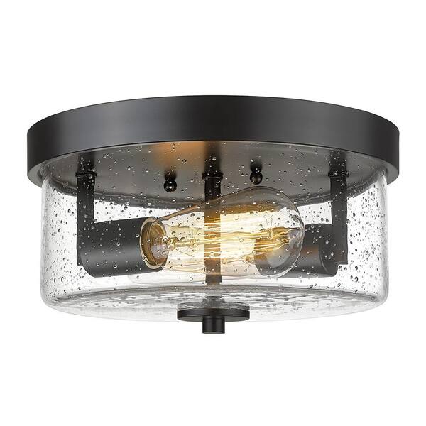 JAZAVA 11 in. 2-Light Black Flush Mount Ceiling Light Fixture with Seeded Glass Shades for Hallway