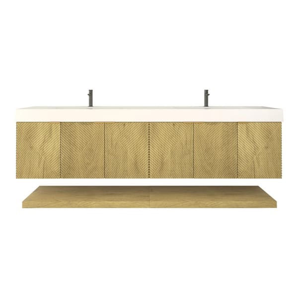 Stella 84 in. W x 20 in. D x 22 in. H Double Sink Teak Oak Bath Vanity with White Acrylic Top Floating Lower Shelf