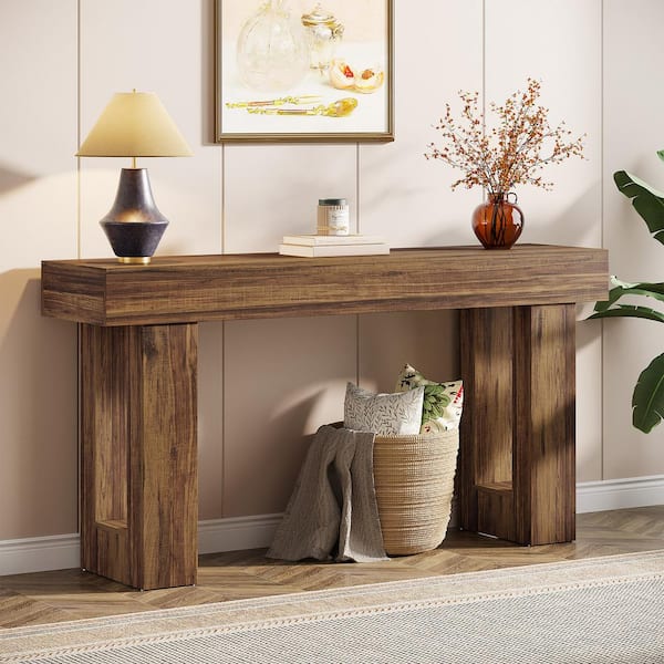 BYBLIGHT Turrella 63 in. W Walnut Wood Console Table, Rectangle Farmhouse Sofa Table with Double Pedestal for Living Room