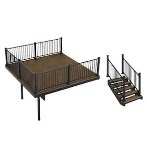 Apex Attached 12 ft. x 12 ft. Brazilian Teak PVC Deck Kit and 5-Step Stair Kit with Steel Framing and Aluminum Railing